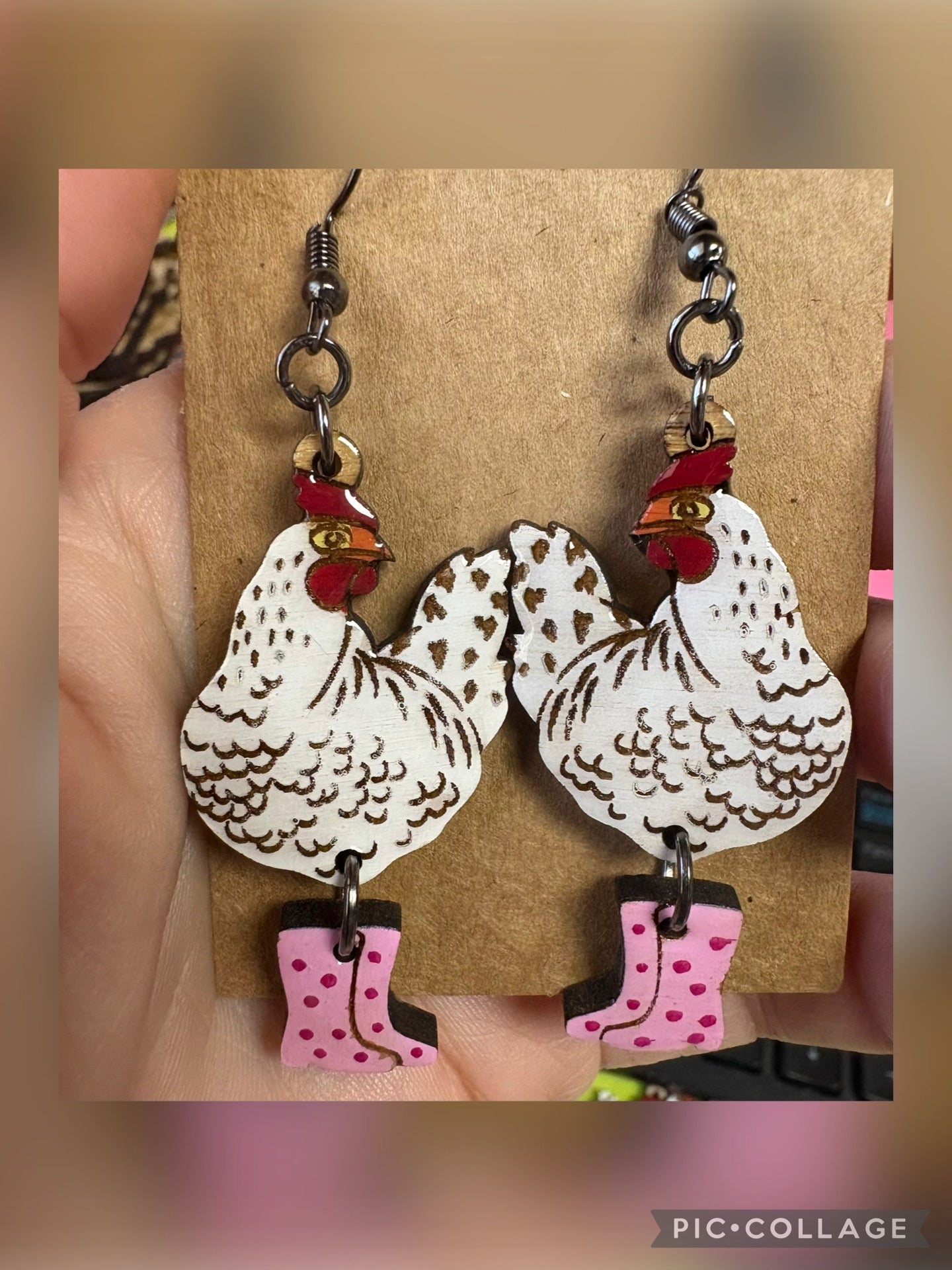 Chicken in rain boots earrings