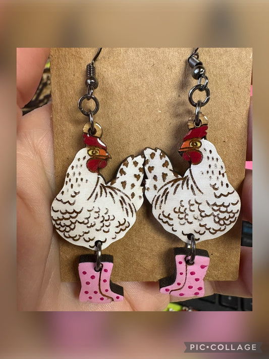 Chicken in rain boots earrings