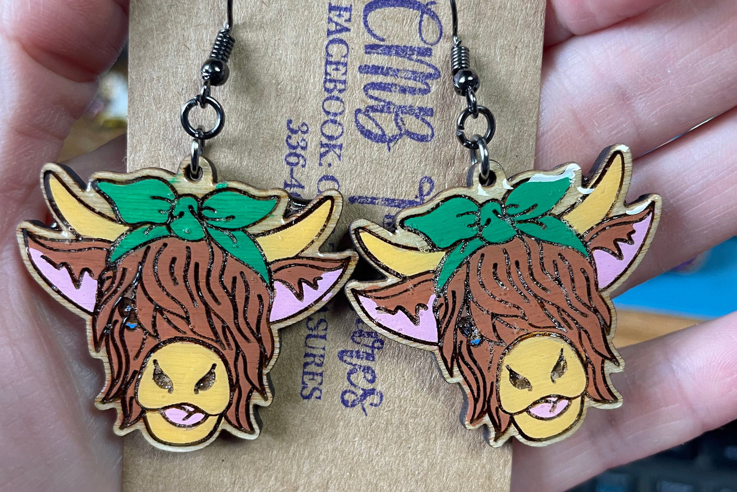 Highland Cow hand painted dangle earrings choose your color