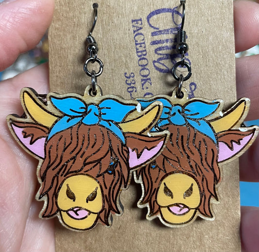 Highland Cow hand painted dangle earrings choose your color