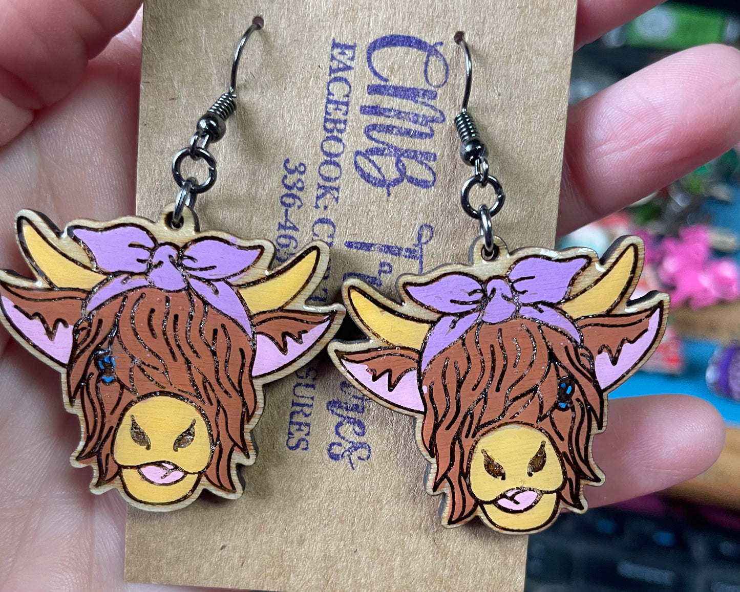 Highland Cow hand painted dangle earrings choose your color