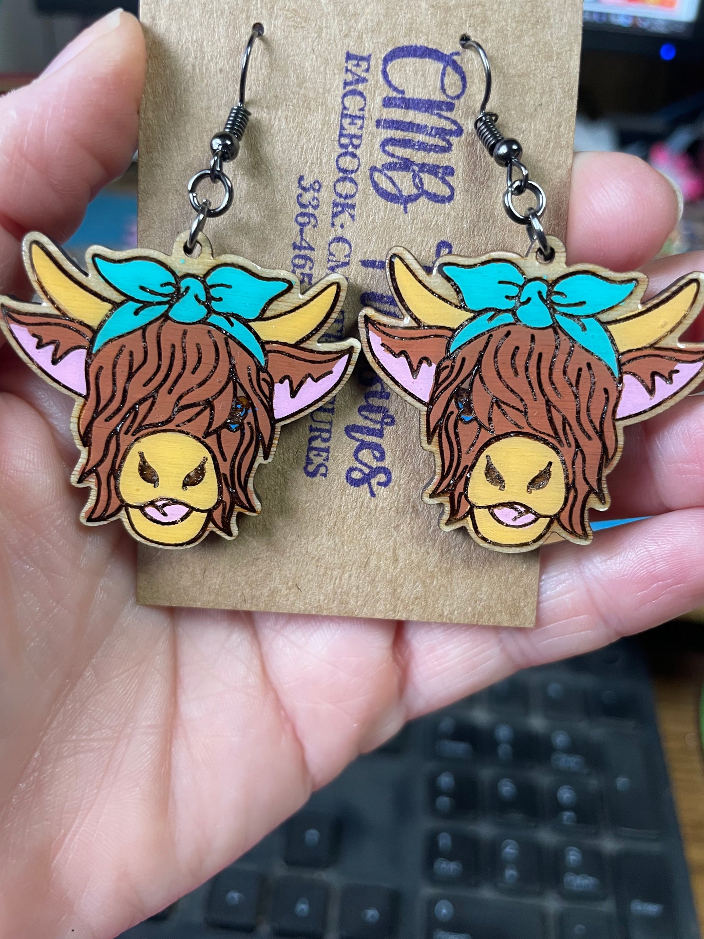 Highland Cow hand painted dangle earrings choose your color